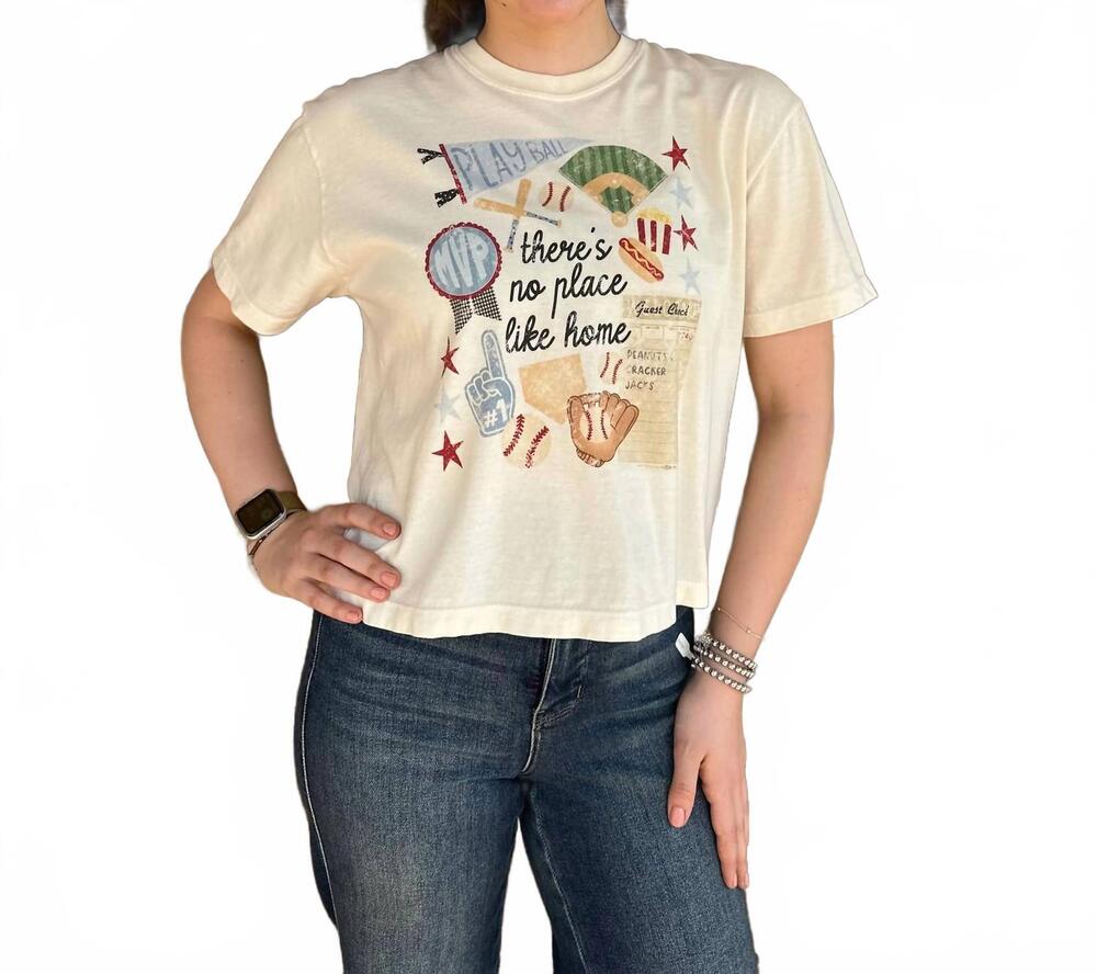 NEW POPPY & PINE no place like home baseball collage crop tee in ivory